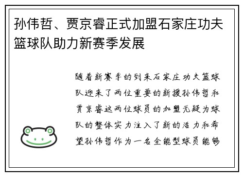 孙伟哲、贾京睿正式加盟石家庄功夫篮球队助力新赛季发展