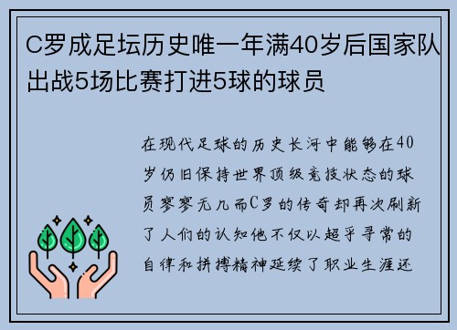 C罗成足坛历史唯一年满40岁后国家队出战5场比赛打进5球的球员